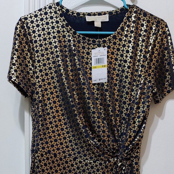 MICHAEL KORS Women's Metallic Chain-Print Knot Mini Dress SIZE MEDIUM - Picture 3 of 13